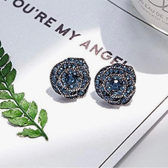 Blue Floral Gold Trim Sparkling Solid Earrings - Picture 2 of 5